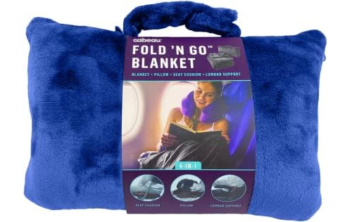 Cabeau Fold ‘N Go Travel Blanket Doubles as Neck Support Pillow, Versatile Lumbar Support Cushion, with Compact Travel Case - French Microfiber (Blue)