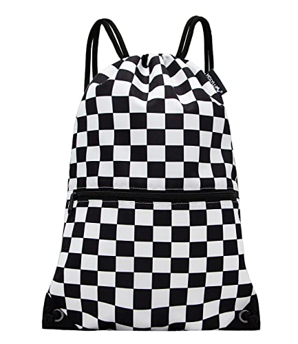 HOLYLUCK Drawstring Backpack Bag Sport Gym Sackpack (Black and white grid)