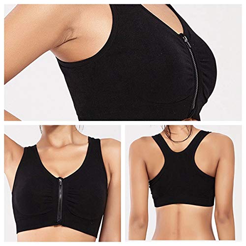 INIBUD Women's Zip Front Sports Bra Racerback Post Surgery Wirefree Seamless Removable Pads Yoga Plus Size Workout Fitness Running (Black, Small)