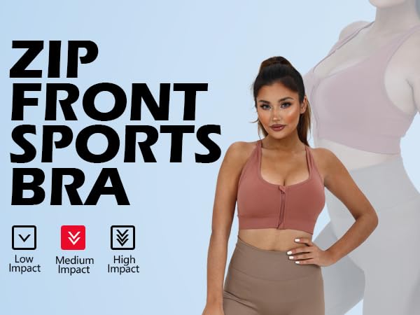 AKAMC Women's Zip Front Sport Bras,Adjustable Straps Padded Criss Cross Cropped Bras for Yoga Workout Fitness,X-Large