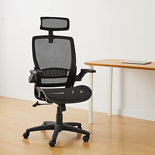 Amazon Basics Ergonomic High-Back Desk Chair, Comfortable Flip-Up Armrests, Contoured Mesh Seat, Swivel, Black, 25.5"D x 26.25"W x 49.25"H