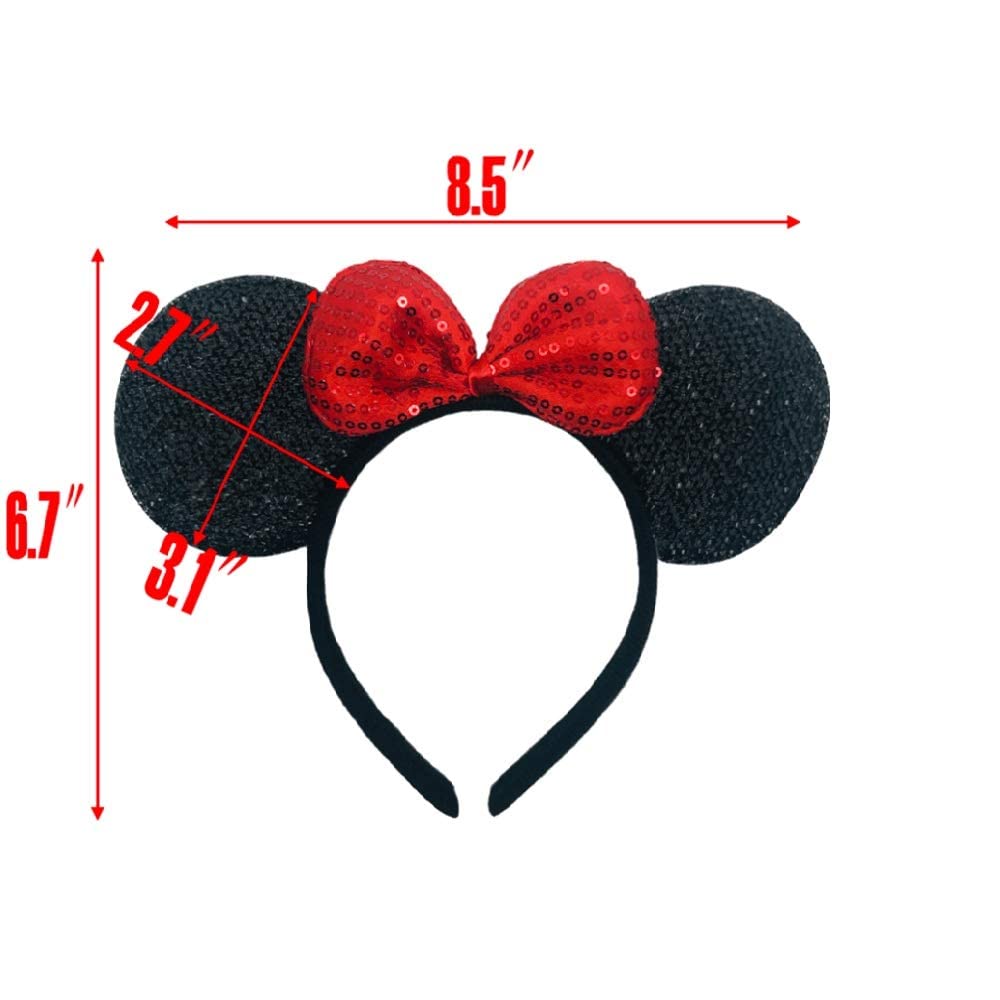 winvin Set of 24 Mouse Costume Deluxe Fabric Ears Headband Red Bow Boys Girls Birthday Party Hairs Accessories Baby Shower Headwear Halloween Favors Decorations (Sequin Black and Red)