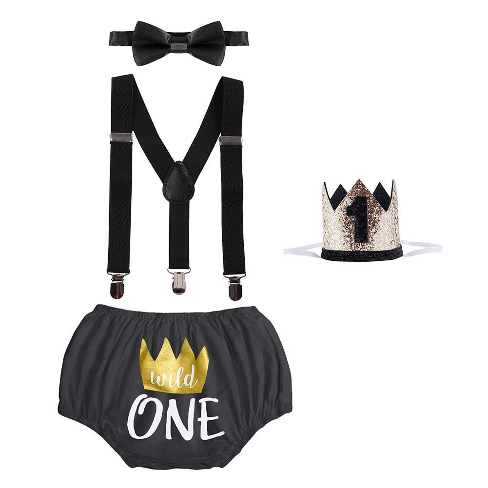 IMEKIS Baby Boys First 1st Birthday Cake Smash Outfit Wild ONE Bloomers Diaper Cover + Suspenders + Bowtie + Headband for Photo Props Party Costume Black Crown Wild One 6-12 Months