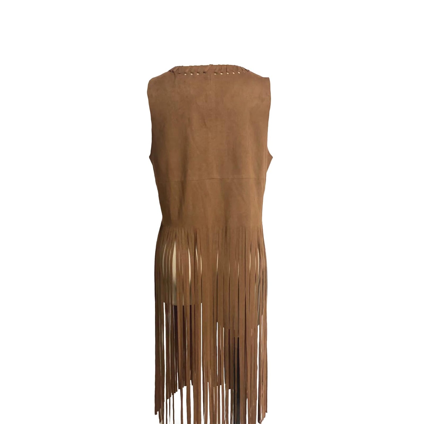 Women's Fringe Vest 70s Hippie Costume Faux Suede Sleeveless Tassel Long Cardigan Jacket Cowgirl Western Tops Halloween Khaki