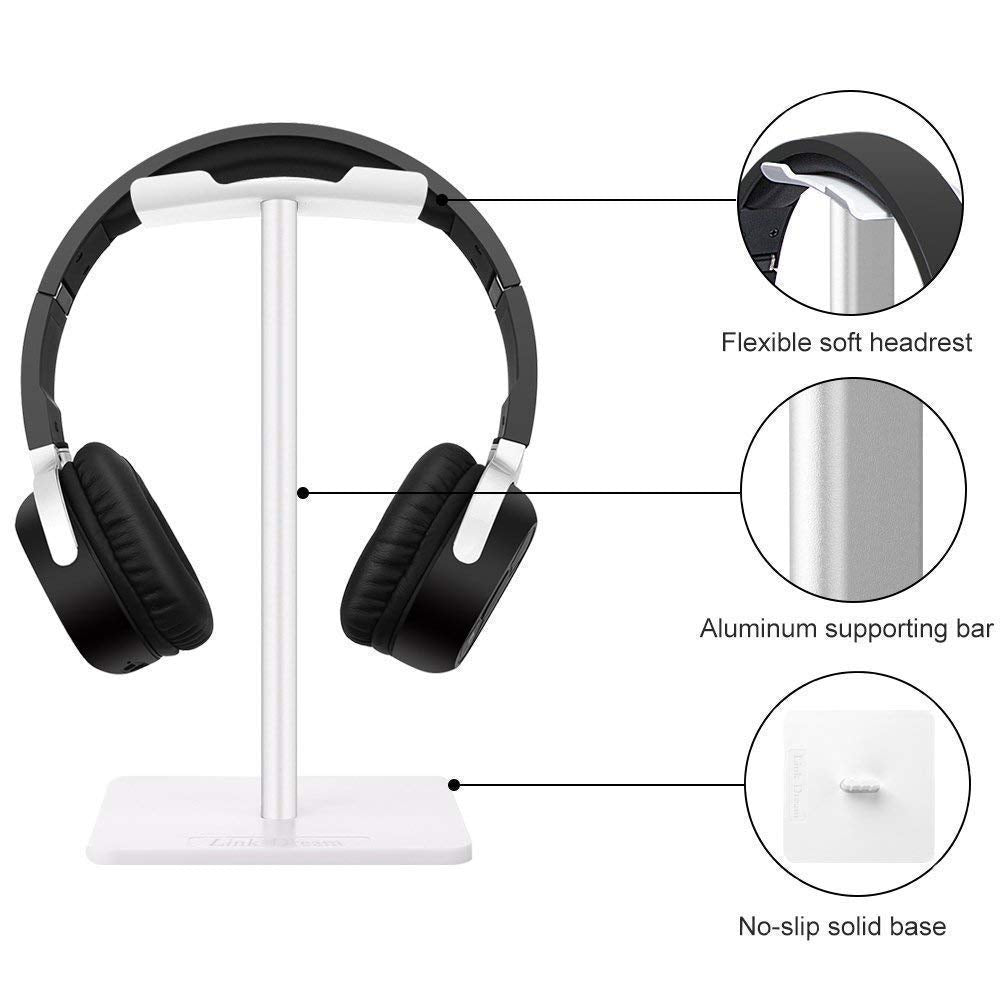 Headphone Stand Headset Holder Gaming Headset Holder with Aluminum Supporting Bar Flexible Headrest Anti-Slip Earphone Stand for All Headphones, White