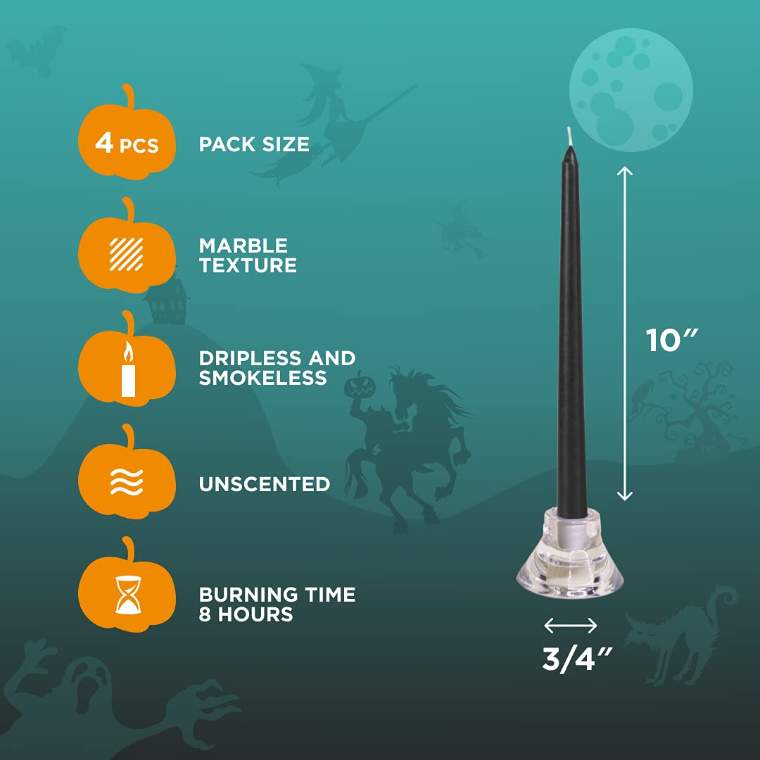 CANDWAX 10 inch Taper Black Candles Set of 4 — Dripless Tall Unscented Black Tapered Candle Sticks — Perfect for Household Decor, Dinner Centerpiece or Halloween Décor