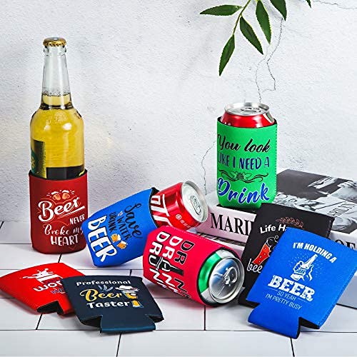 Can Cooler Sleeve for Beer Funny Quotes Insulated Neoprene Drink Cooler Sleeves Collapsible Drink Holder for Beverages Wine Cans Bottles BBQs Party Favors(8 Pcs,4.9 x 3.7 Inch)