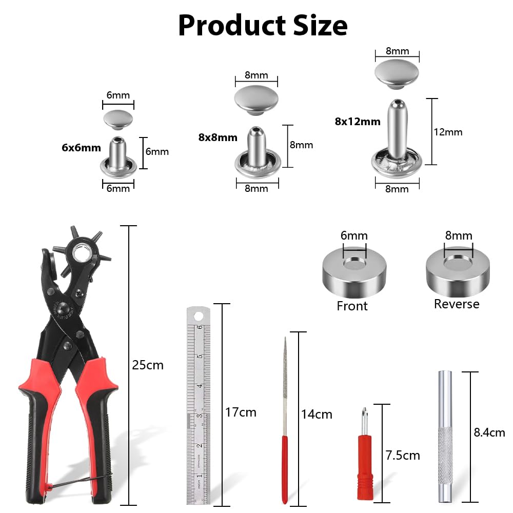 Belt Hole Puncher with 240 Sets of Leather Rivets - Updated Hole Sizes Puncher for Belt, Watch Band, Strap, Dog Collar, Saddle, Shoes, Fabric, DIY Home or Craft Project