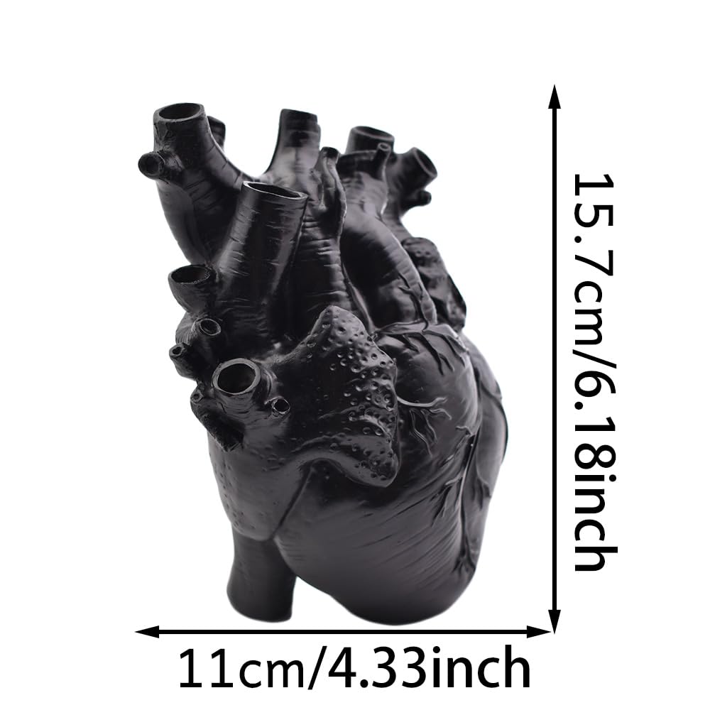 Human Heart Organ Shape Vase Creepy Halloween Home Desk Flowers Pot Decor, Medium Size 6.2" x 4.2", Black