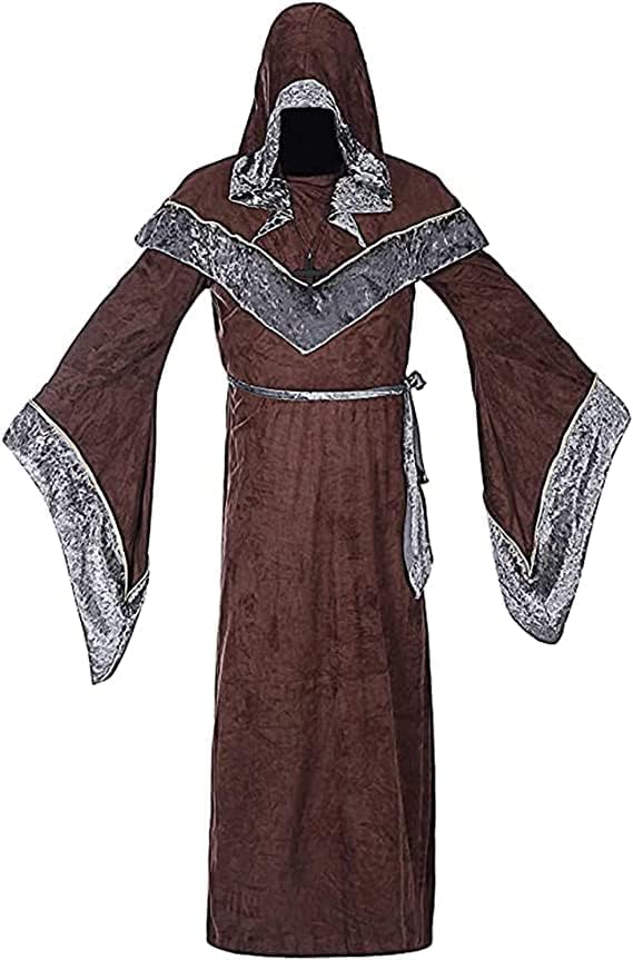 WISHU Mens Halloween Costume Sorcerer Robe, Medieval Vintage Renaissance Hooded Gown Cloak Cape (M (Length 61.4"), Coffee)