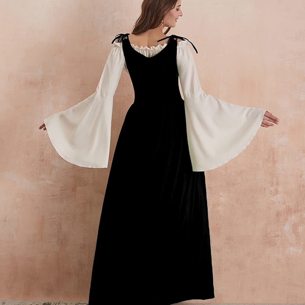 Abaowedding Womens's Medieval Renaissance Costume Cosplay Chemise and Over Dress 2X-large/3X-Large Black and Ivory