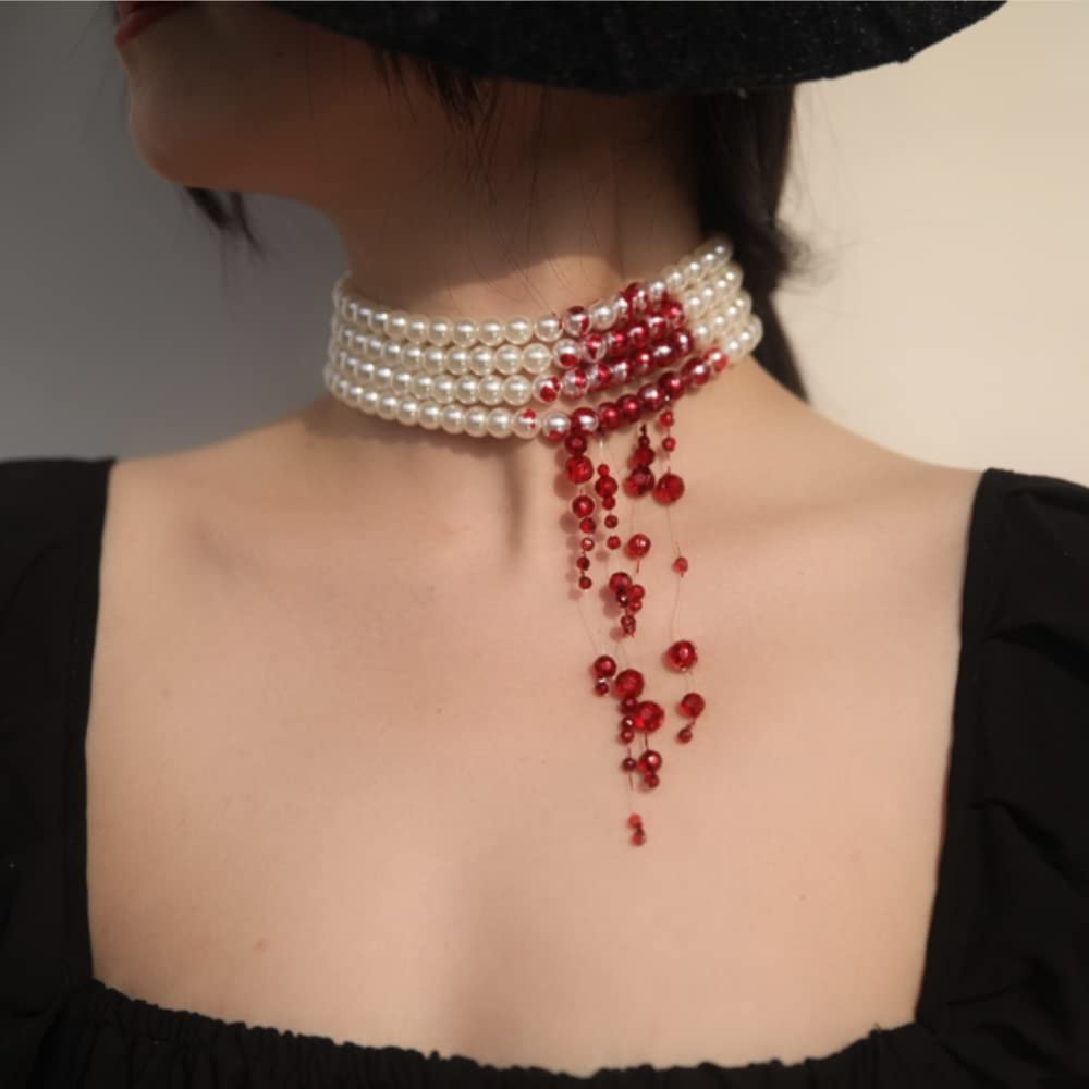 Handmade Dripping Blood Imitation Pearls Necklace Vampire Choker Party Costume Women
