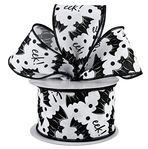 Bats Eek! Halloween Wired Ribbon - 2 1/2" x 10 Yards, Black & White, Wreath, Trick or Treat, Party, Haunted House, Fundraiser, Classroom, Daycare