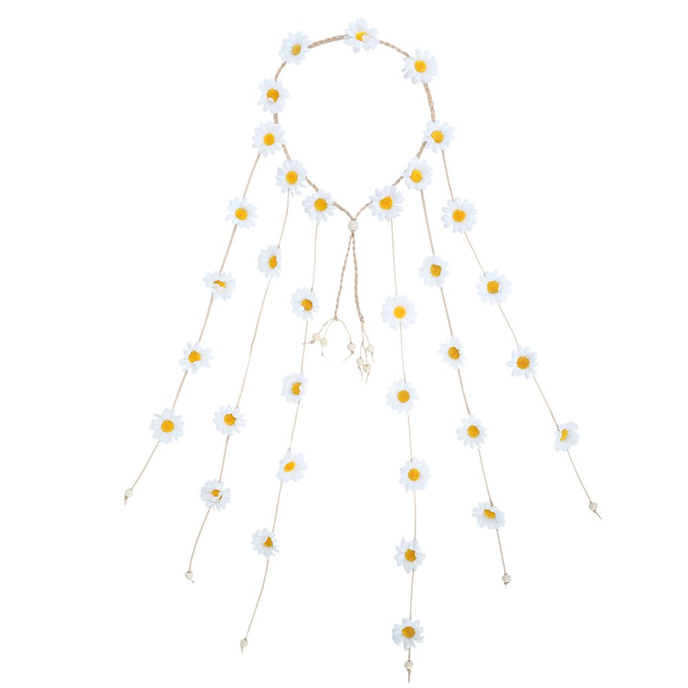 AWAYTR Flower Hippie Headband Floral Crown Behemain Sunflowers Beads Adjust Flower Headdress Hair Accessories (White)