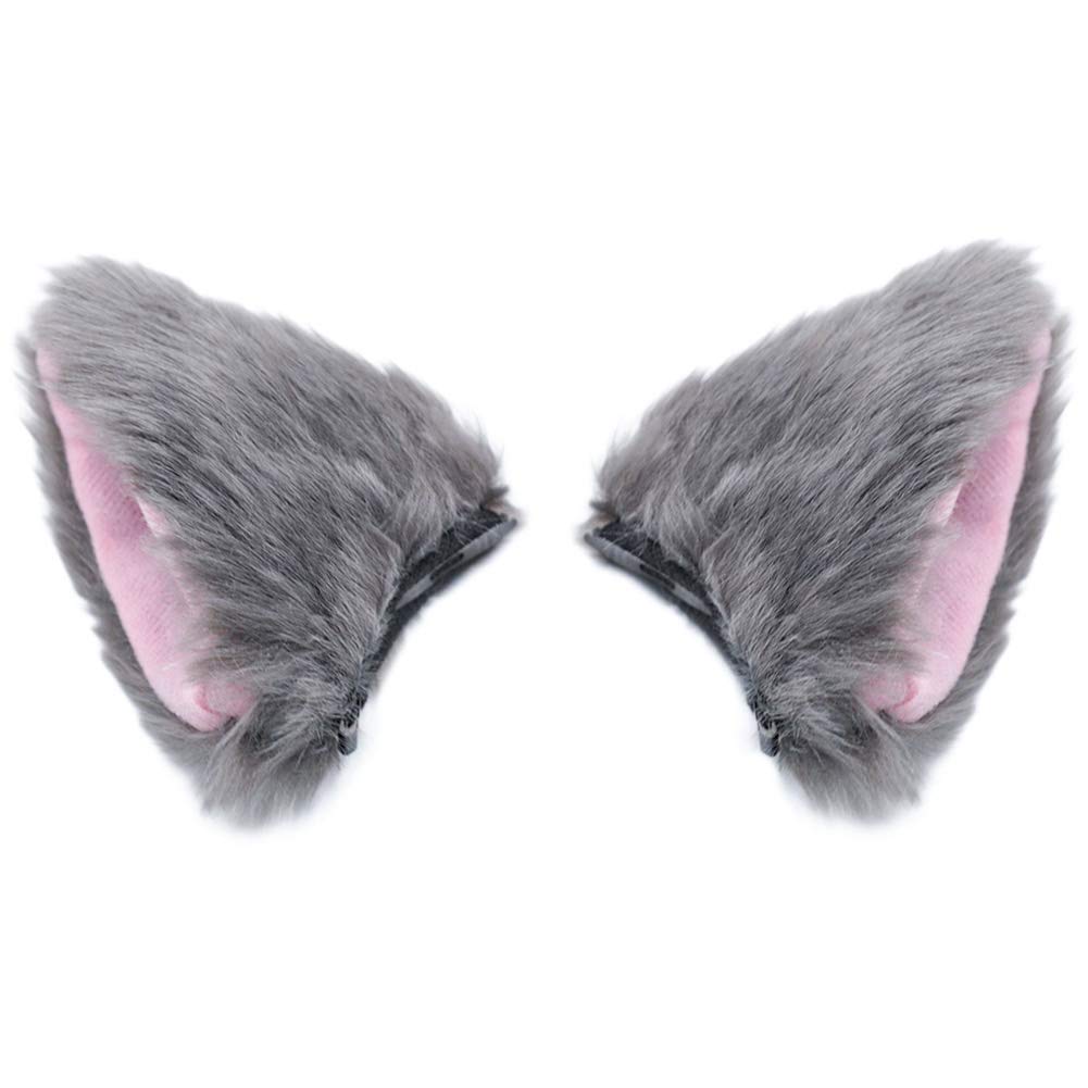 BAOPLAYKIDS Cat Fox Long Fur Ears Hair Clip Headwear Cosplay Halloween Costume(Gray&Pink)