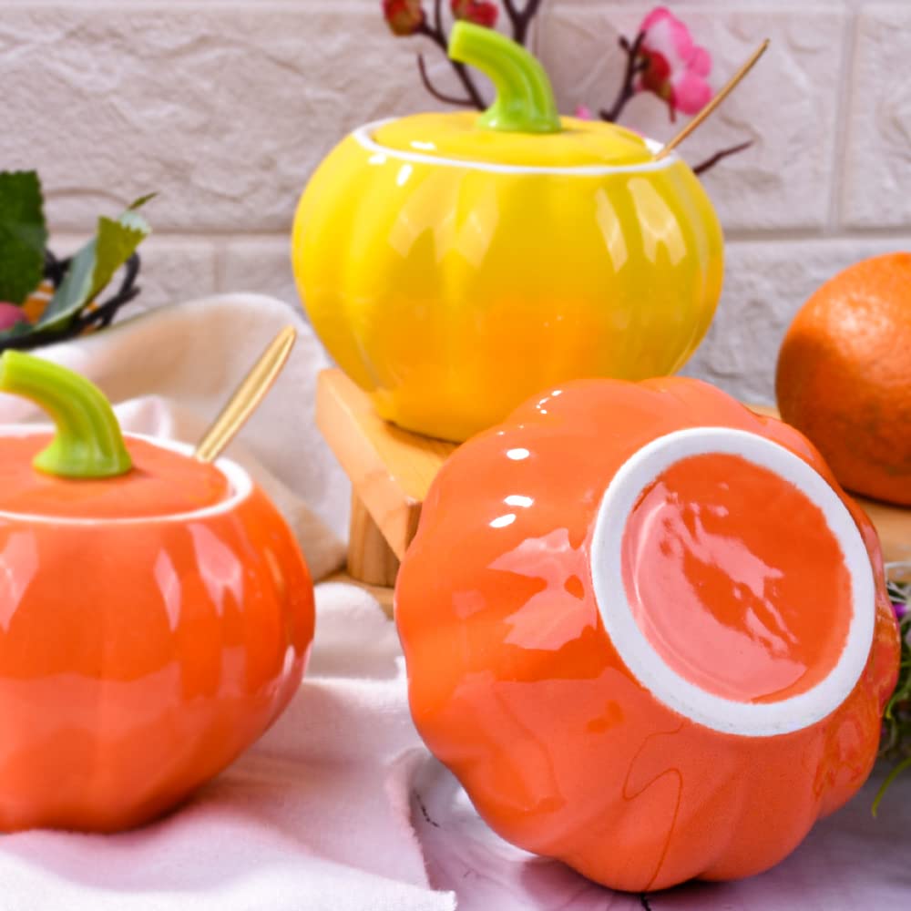 Whitenesser Porcelain Sugar Bowls with Lid and Spoons, Pumpkin Shape Ceramic Salt Bowl for Home and Kitchen Elegant Design Orange 10.5 OZ (300 ML)