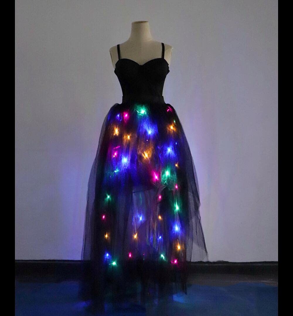 Women Tulle Tutu Skirts Adult High Low Tulle Skirts Skirt LED Light Up Wedding Skirt Costumes Halloween (Black Trailing, Long XXL)