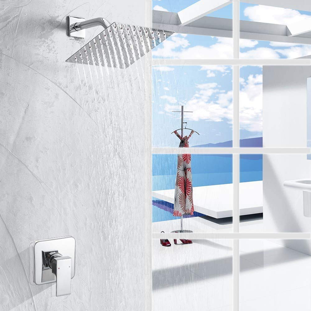 Heable Single Function Shower Trim Kit with Rough-in Valve, Bathroom Rain Shower Set Rainfall Shower Faucet System with Square Stainless Steel Metal Shower Head, Polished Chrome