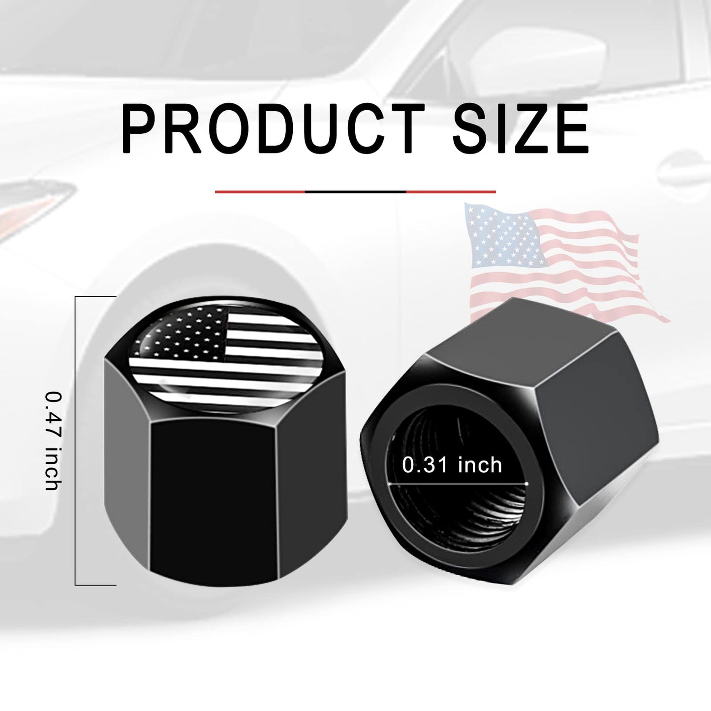 Ajxn 4 PCS B&W American Flag Car Wheel Tire Valve Stem Caps Airtight Dust Proof Covers Universal Tire Air Valve Caps for Cars, Trucks, Bicycles (Black)