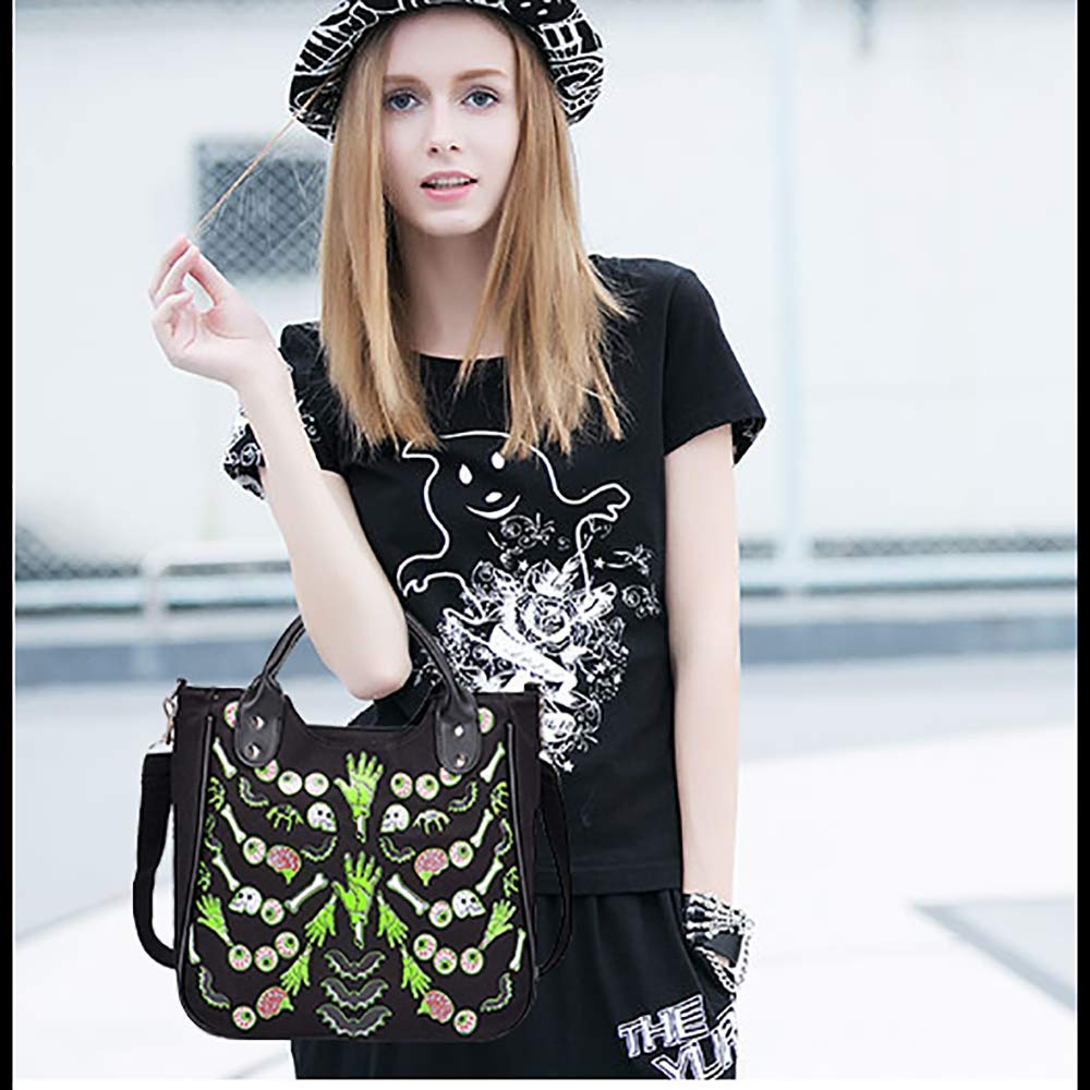 Women Fashion Rivet Handbag Purse Canvas Punk Tote with Shoulder Strap Crossbody Bag Large Capacity Black (Green)