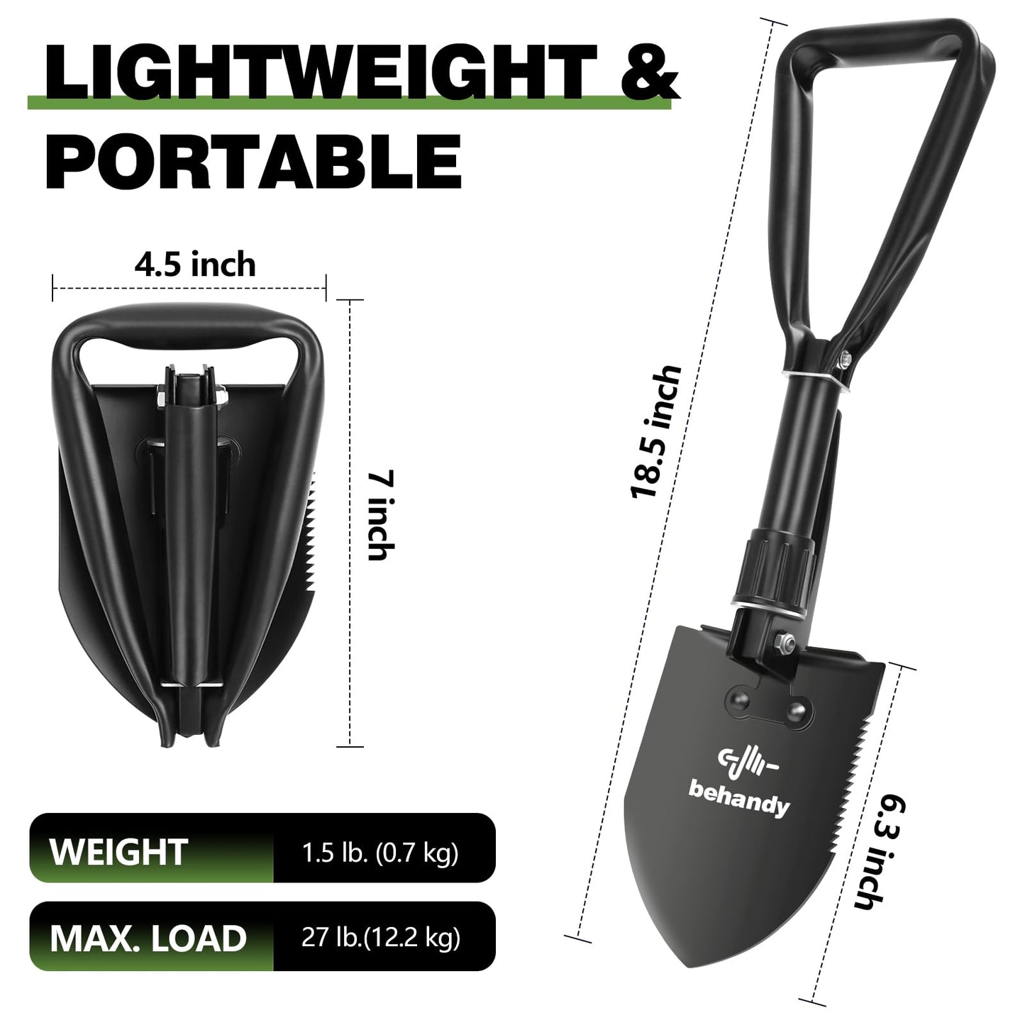 BEHANDY 18.5" Folding Shovel, Collapsible Shovel for Car Snow, Camping Shovel and Pickax, Military Entrenching Tool for Gardening, Camping, Sand, Off Road, Portable Car Emergency kit