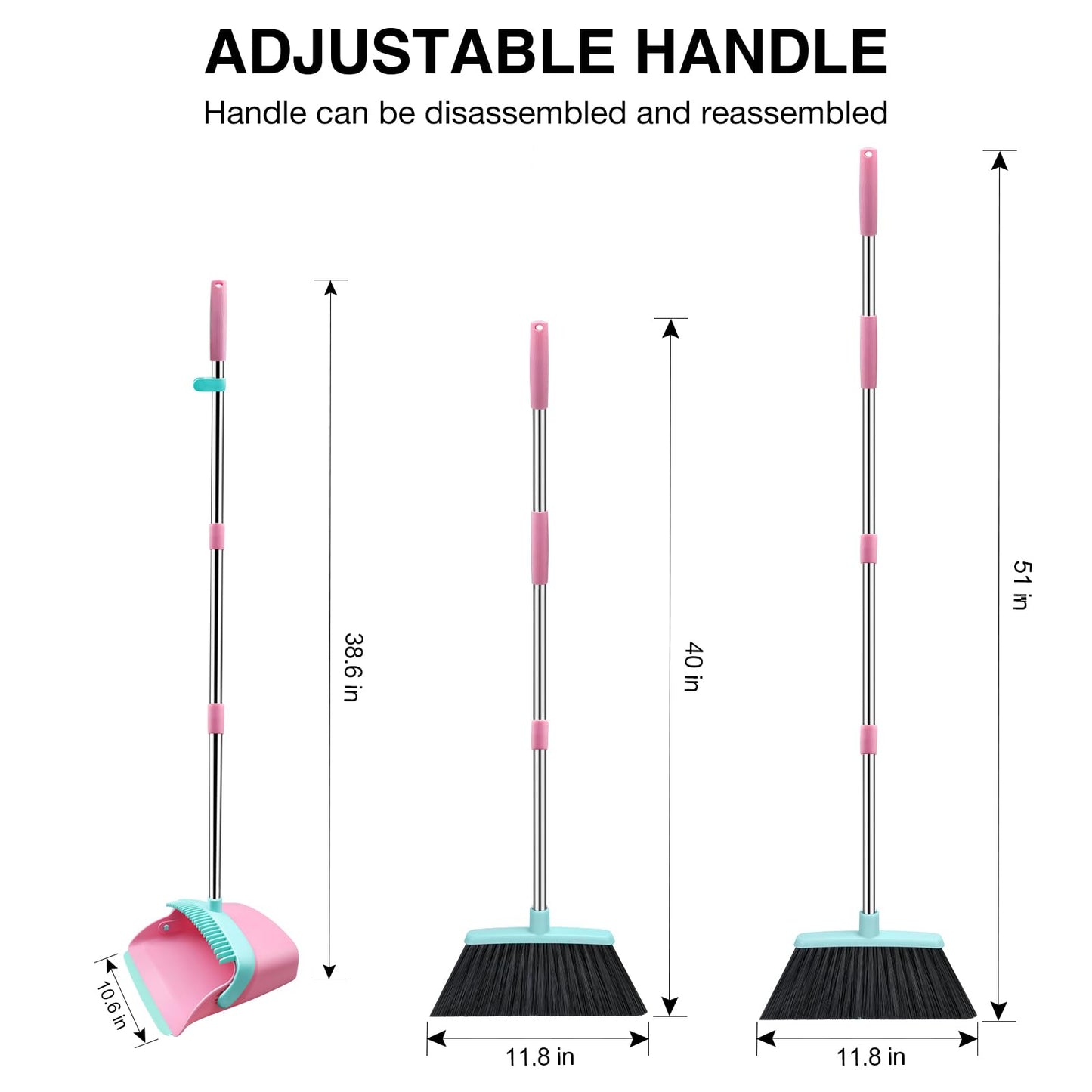 Broom and Dustpan Set, 52-in Long Adjustable Handle Broom Dustpan Combo with Dust pan Teeth to Automatically Clean Hair Suitable for Home Kitchen Office Hall Floor (Pink&Blue), 2 Pack