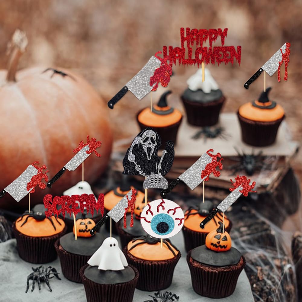 Wolpark 25pcs Have a Killer Halloween Cake Toppers Glitter Scream Cupcake Toppers Ghost Face Decorations for Scream Theme Birthday Halloween Party Cake Decorations Supplies