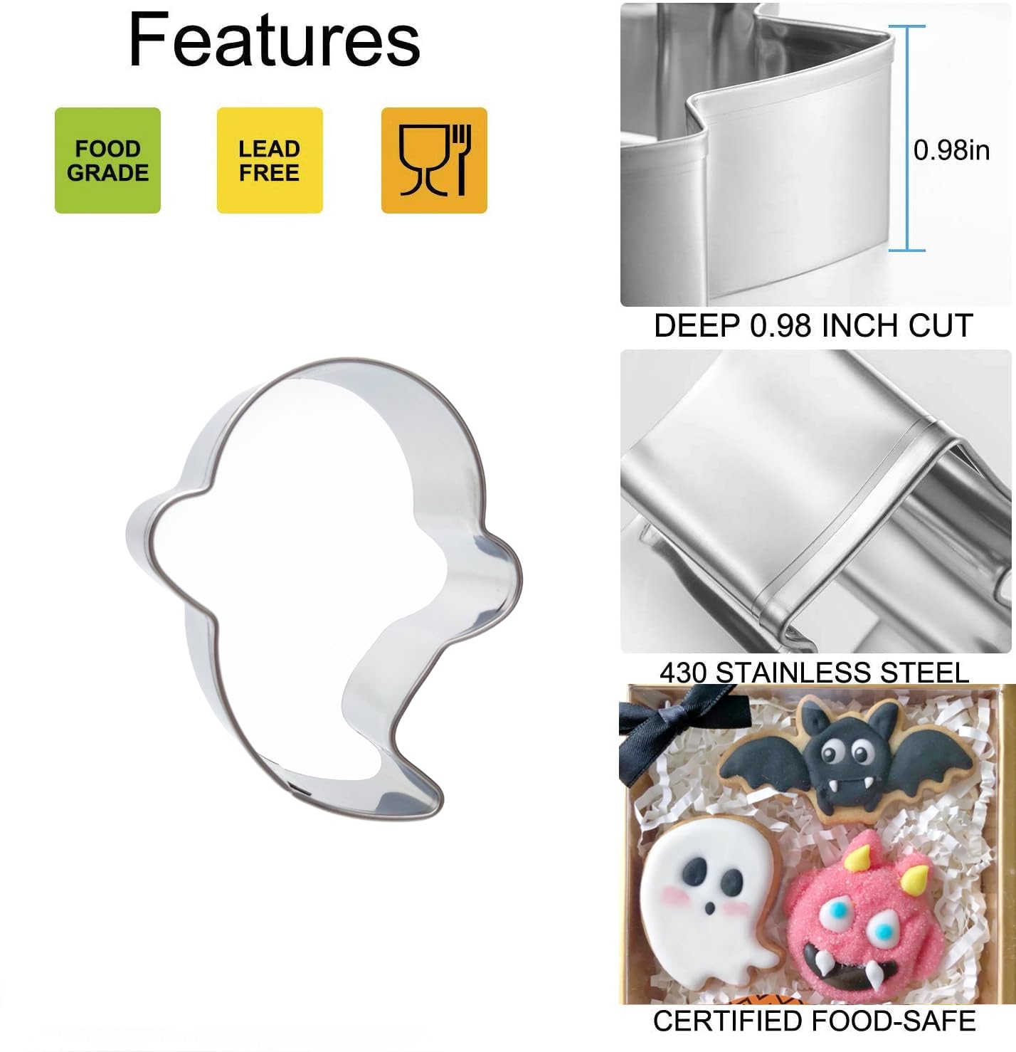 5 Pieces Mini Halloween Cookie Cutters, Size 2.2" to 2.6" Small Stainless Steel Molds Ghost, Cat, Bat, Pumpkin Holiday Shapes for Halloween Party Decorations