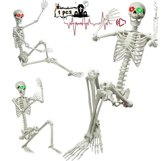 6Ft Halloween Skeleton, Posable Life Size Skeleton with Glowing Eyes Creepy Sound, Plastic Skeletons with Movable Joints for Graveyard Prop, Indoor Outdoor Haunted House Party Decor