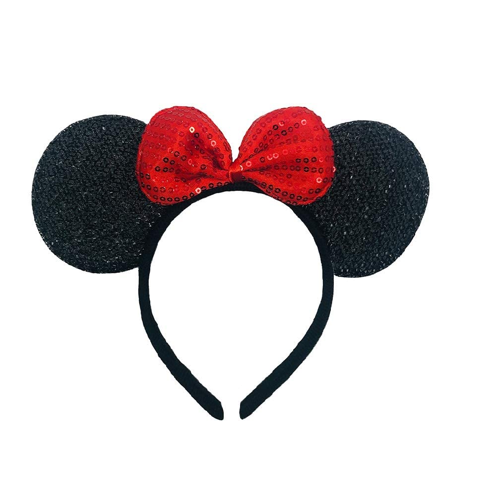 winvin Set of 24 Mouse Costume Deluxe Fabric Ears Headband Red Bow Boys Girls Birthday Party Hairs Accessories Baby Shower Headwear Halloween Favors Decorations (Sequin Black and Red)