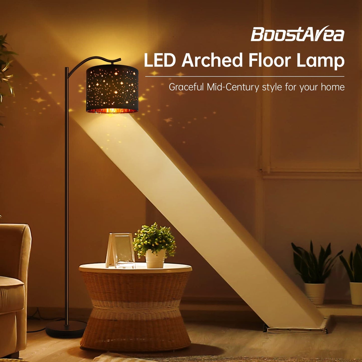 BoostArea Floor Lamp for Living Room,LED Arched Tall Modern Standing Lamp with Bohemian Linen Shade, E26 Socket, Footswitch,Black Mid Century Floor Lamp for Bedrooms,Office,Star Shade