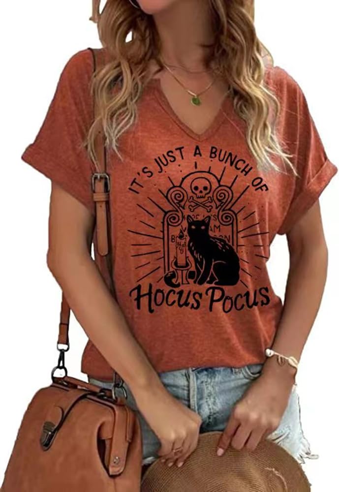 It's Just A Bunch of Hocus Pocus V Neck T Shirt Women Halloween Black Cat Printed Short Sleeve Shirt Fall Graphic Tee Tops(XL,H-Orange)