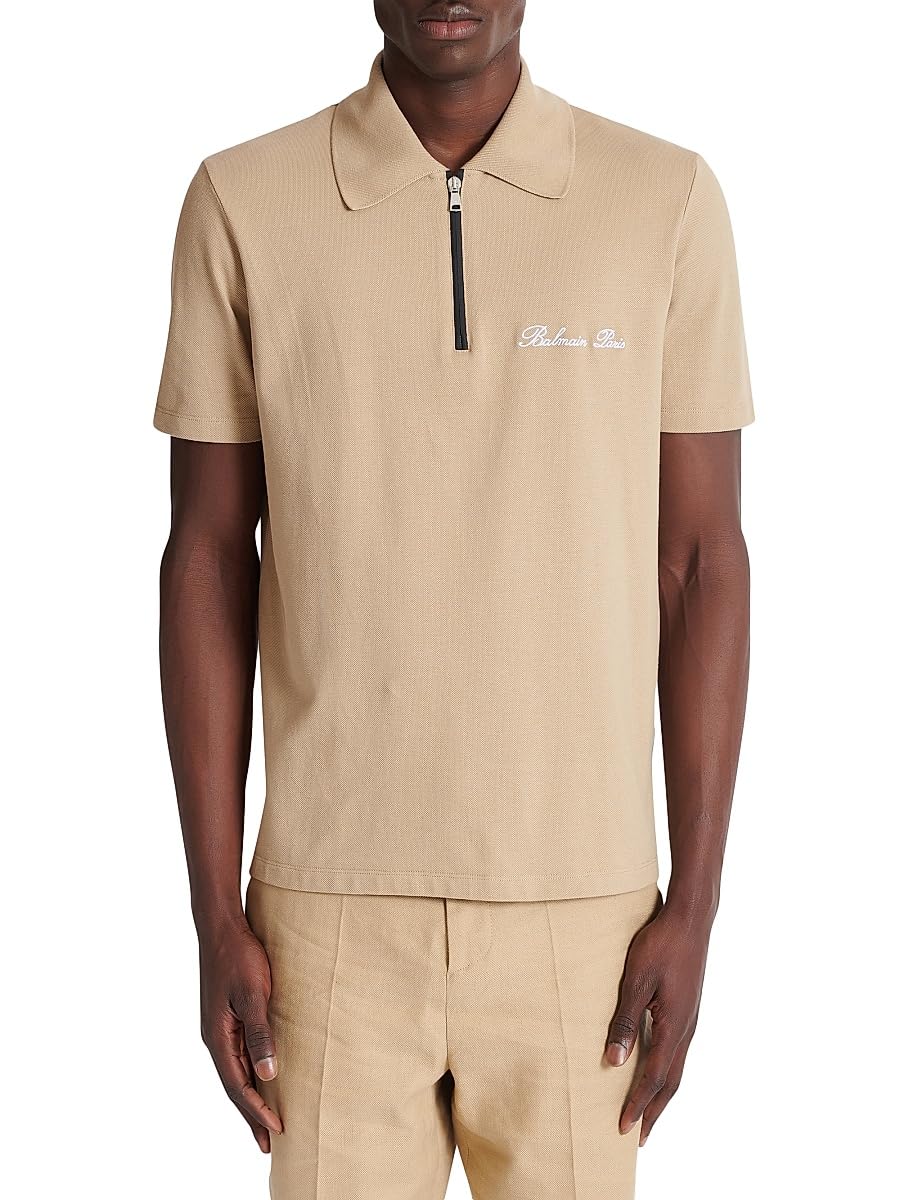 Balmain, Logo-Embroidered Cotton Quarter-Zip Polo Shirt, Small, Camel Blanc