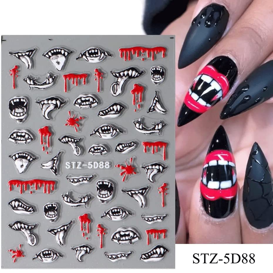 5D Embossed Halloween Nail Art Stickers Day of Death Black Lip Nail Sticker Decal Nail Art Decoration Supplies Horror Spooky Spider Evil Eye Skull Bone Halloween Self-adhesive Nail Design for Women Girls (halloween-1)