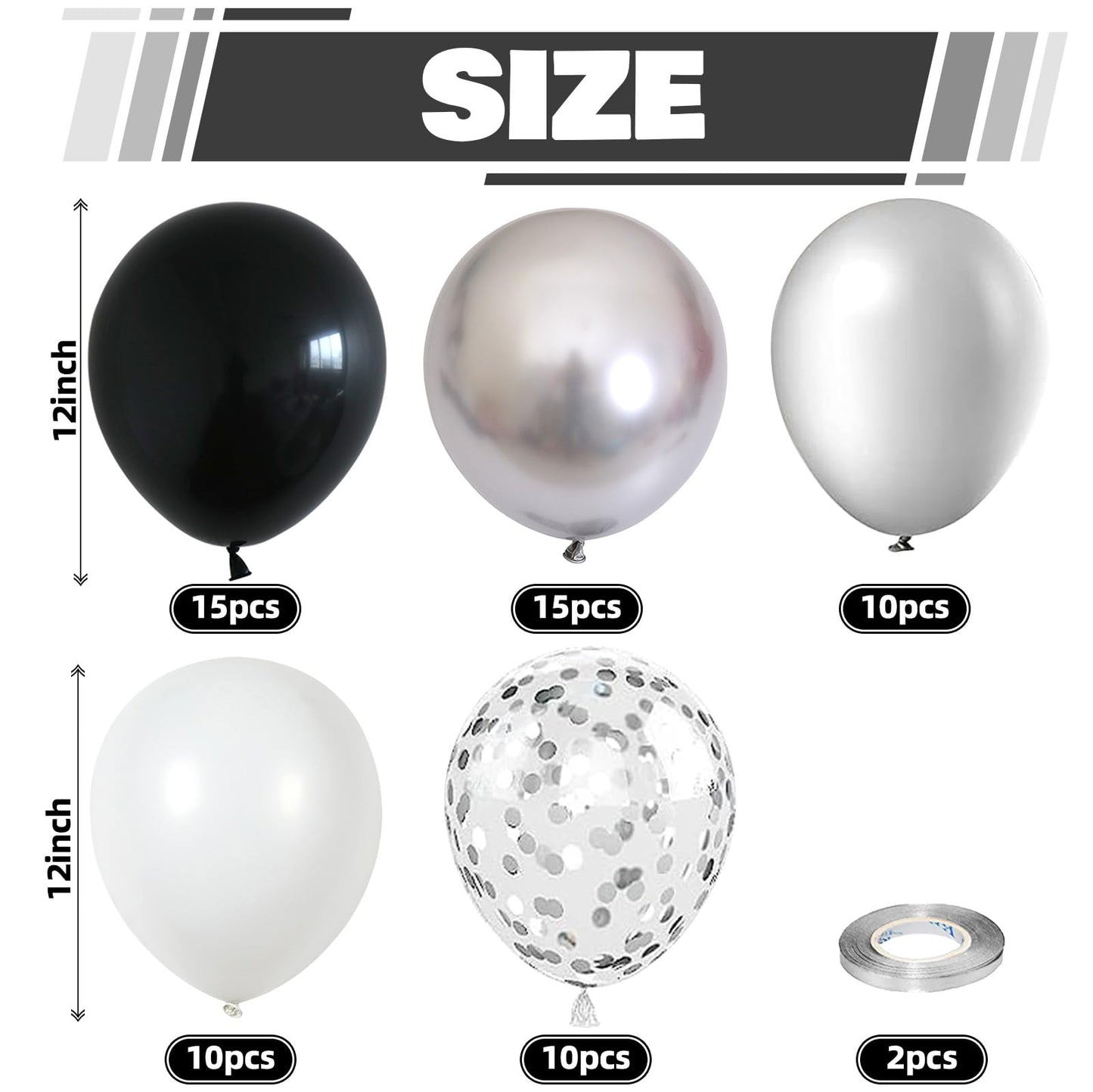 Black and Silver Balloons, 60 Packs 12 Inch Chrome Metallic Silver Balloons and Confetti Balloons, Black White Silver Balloon for Wedding Engagement Birthday Halloween Decorations