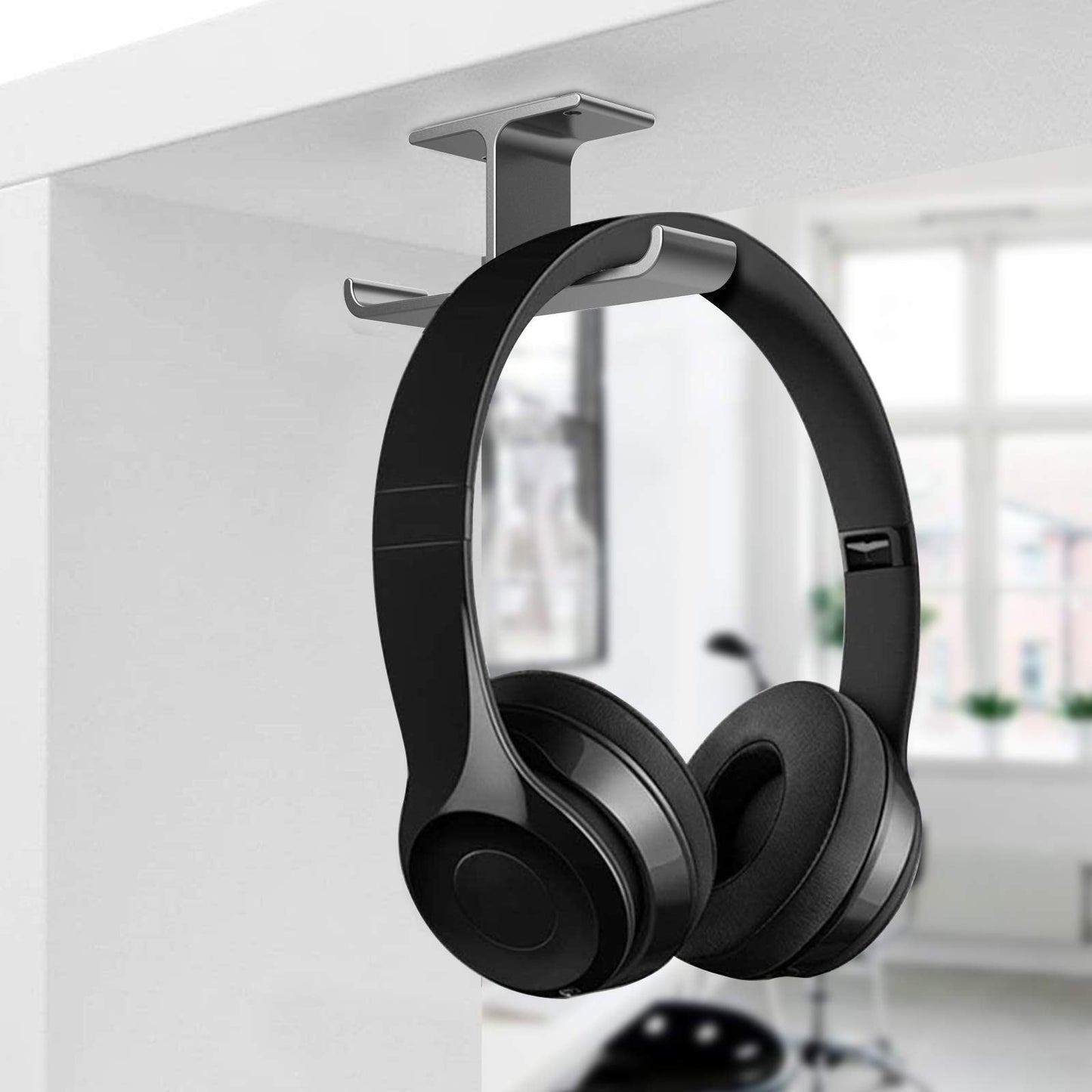 APPHOME Headphone Hanger Stand Under Desk Hook Aluminum Stick-On Adhesive Dual Headsets Holder Mount PC Gaming Accessories for All Headphones