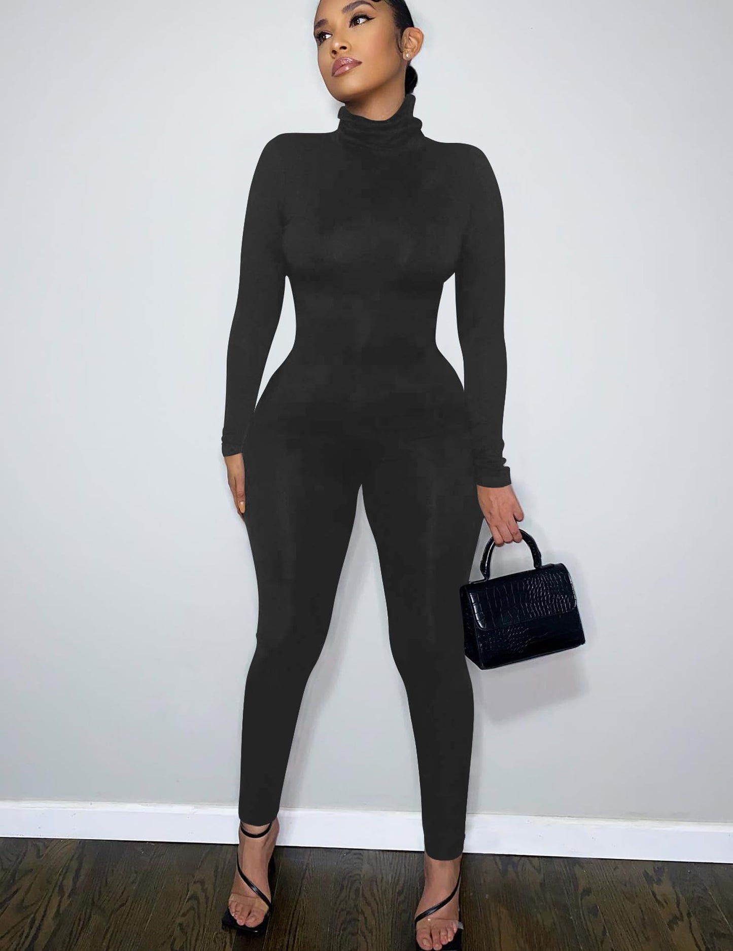 BORIFLORS Long Sleeve Jumpsuit for Women Sexy Turtleneck One Piece Bodycon Rompers Clubwear, Medium, Black
