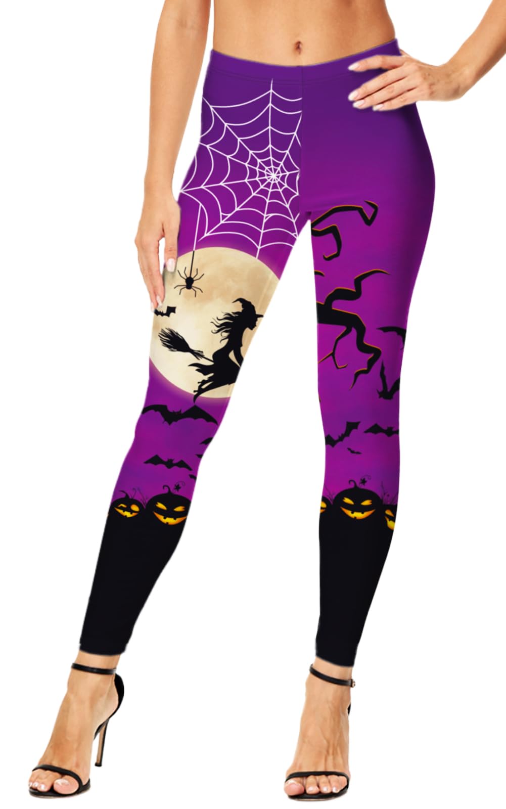 Women Halloween Leggings Scary 3D Printed Witch Purple High Waist Stretchy Tight Pants L