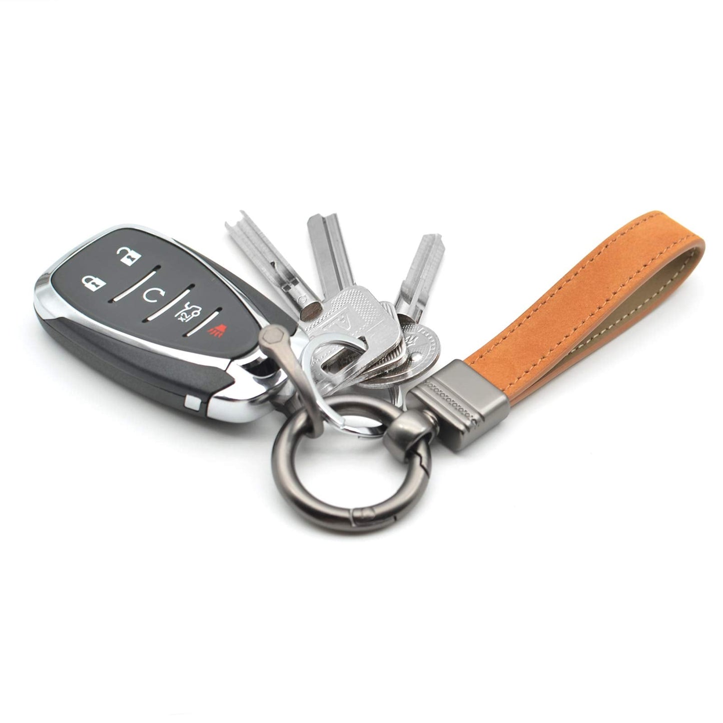 INFIPAR Car Fob Key Chain Genuine Leather Keychains Holder for Men and Women, 360 Degree Rotatable, with Anti-lost D-Ring, Circle Carabiner and Key Rings, Brown