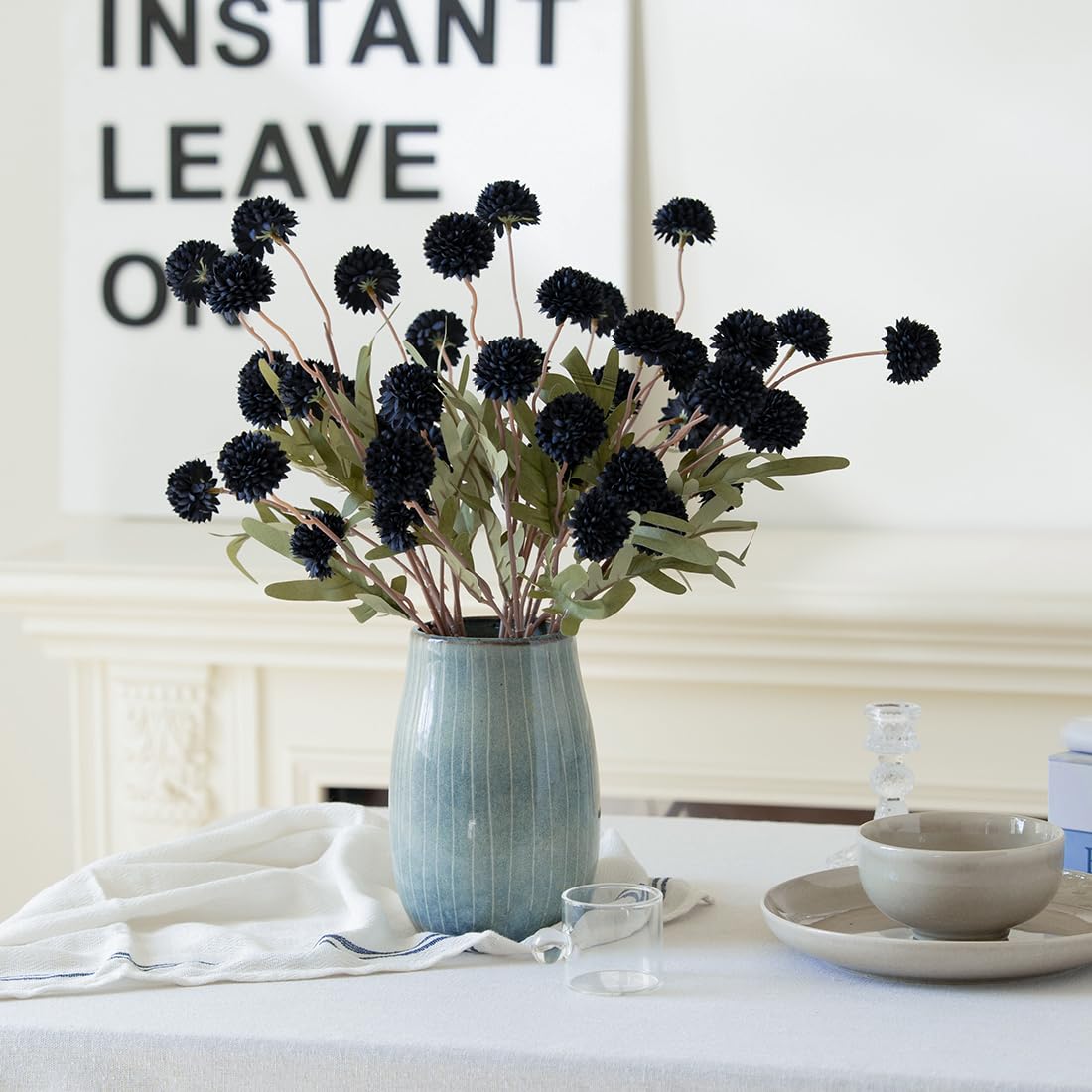 Artificial Kiku Flower - 5 Pcs Fake Pompon Mums Silk Small Chrysanthemum Faux Ball Fall Flower Stem Decor for Halloween Wedding Filler DIY Bouquet Centerpieces Arrangements Shower(Black)