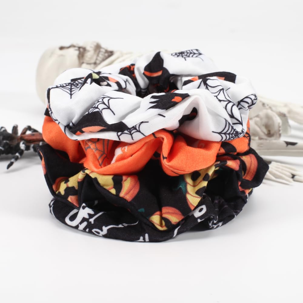 4pcs Halloween Hair Ties Elastics Hair Scrunchies Pumpkin Ghost Skeleton Spider Web Bats Hair Accessories for Women Girls Ponytail Holder Hair Band Ropes