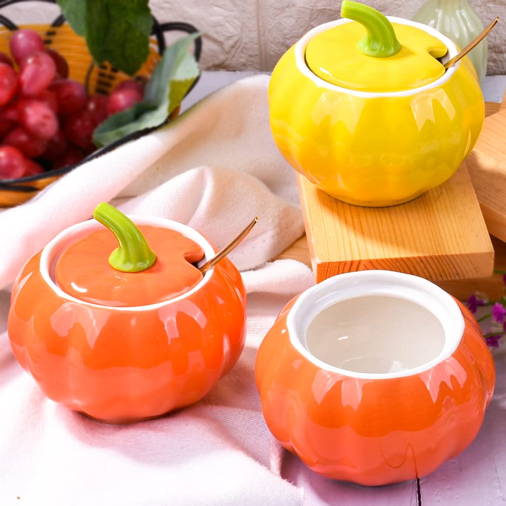 Whitenesser Porcelain Sugar Bowls with Lid and Spoons, Pumpkin Shape Ceramic Salt Bowl for Home and Kitchen Elegant Design Orange 10.5 OZ (300 ML)