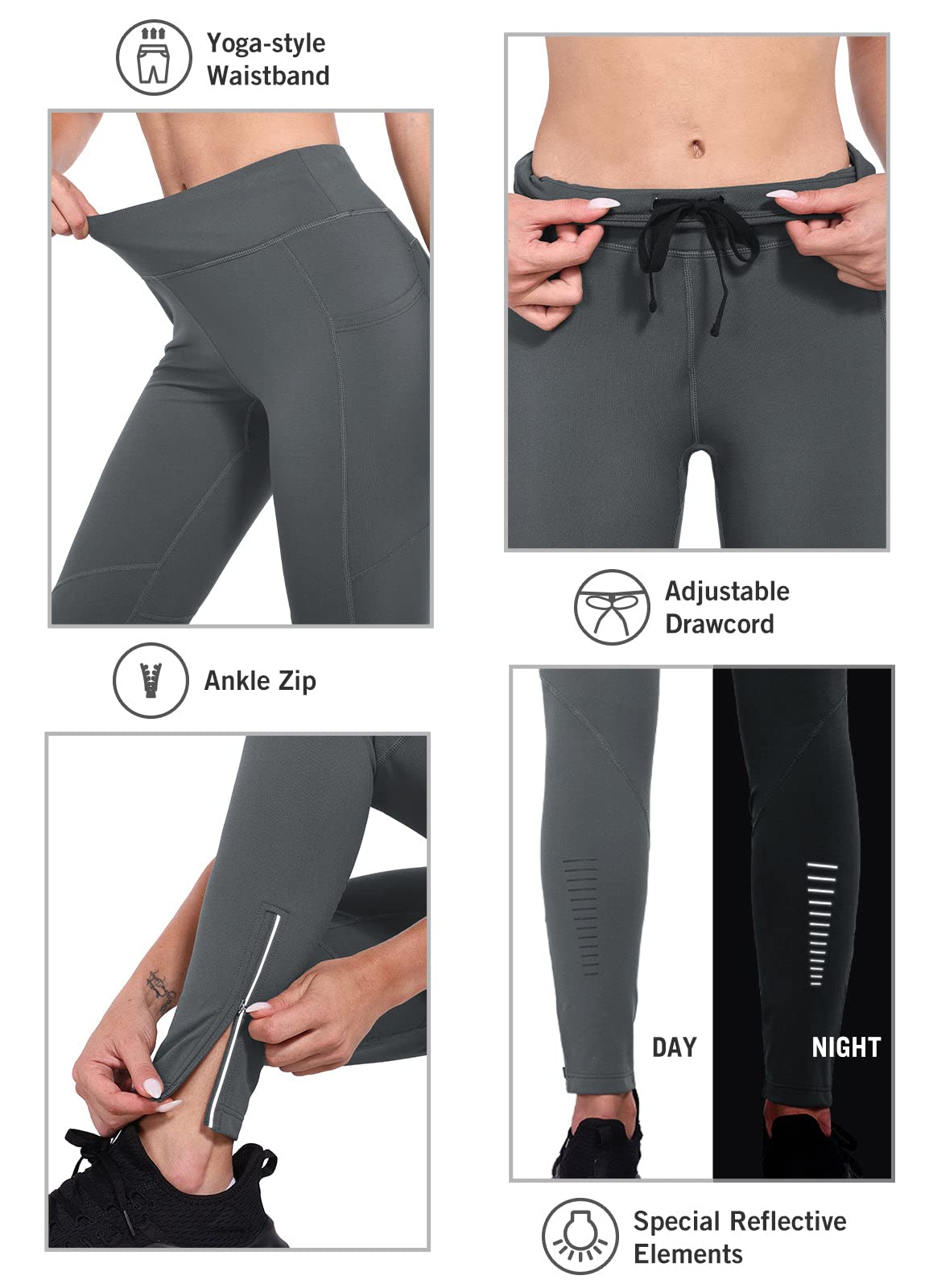 BALEAF Women's Fleece Lined Leggings Water Resistant Winter Clothes Running Tights Cold Weather Hiking Pants Zip Pockets