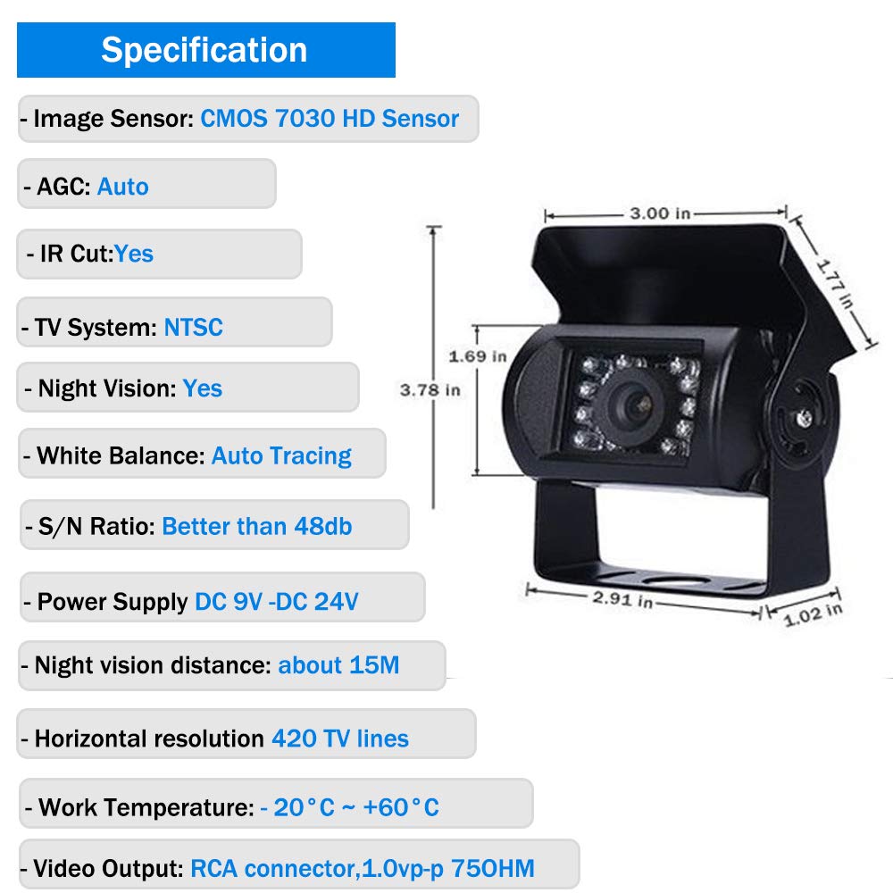 Camecho Truck Backup Camera Heavy Duty 18 LED IR Night Vision Waterproof Vehicle Rear View Camera 12 V 24V Backup Camera Without Guide Line (Rear Camera + 32.8 ft Cable)
