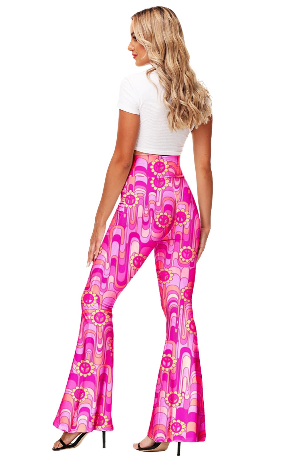 Women Hippie Bell Bottom Halloween Flare Floral Yoga Pants 60s Disco Retro Costume Trousers 2XL Pink