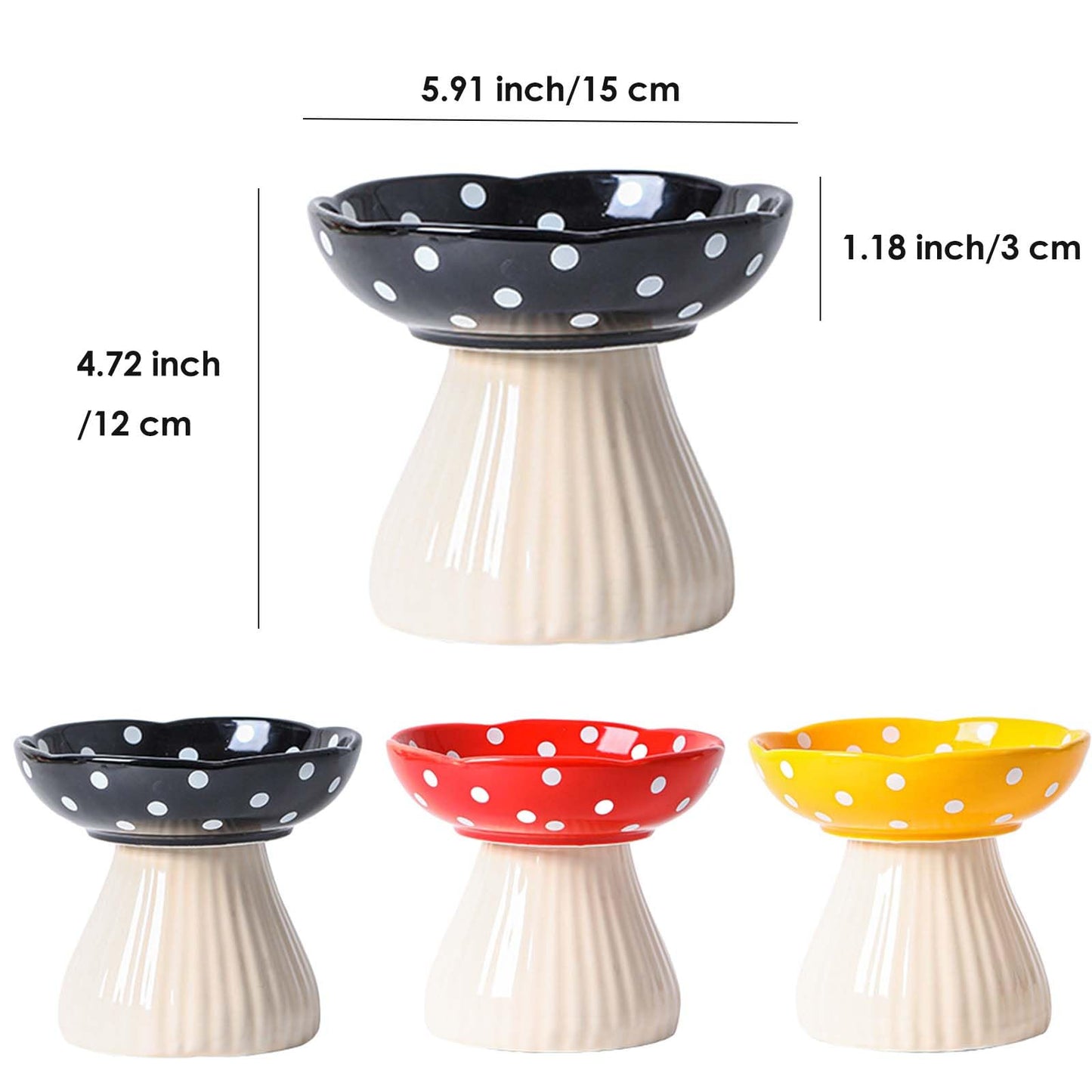Whimsicalfox Raised Cat Bowl, Cute Mushroom Pet Feeder, Elevated Small Dog Food Bowl, Ceramic Pet Bowls for Food and Water, Wide Shallow Cat Dish, Whisker Fatigue (Black)