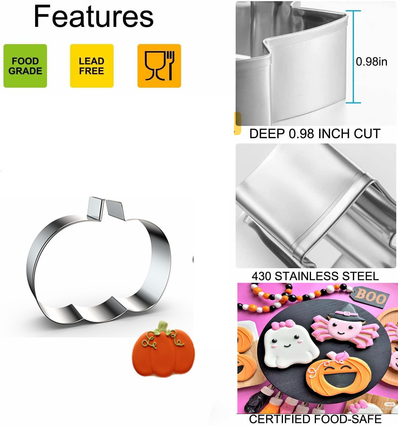 4PCS Large Halloween Cookie Cutters, Stainless Steel Metal Molds Pumpkin, Bat, Ghost, Wich's Hat Cookie Cutters with Decorating Instructions