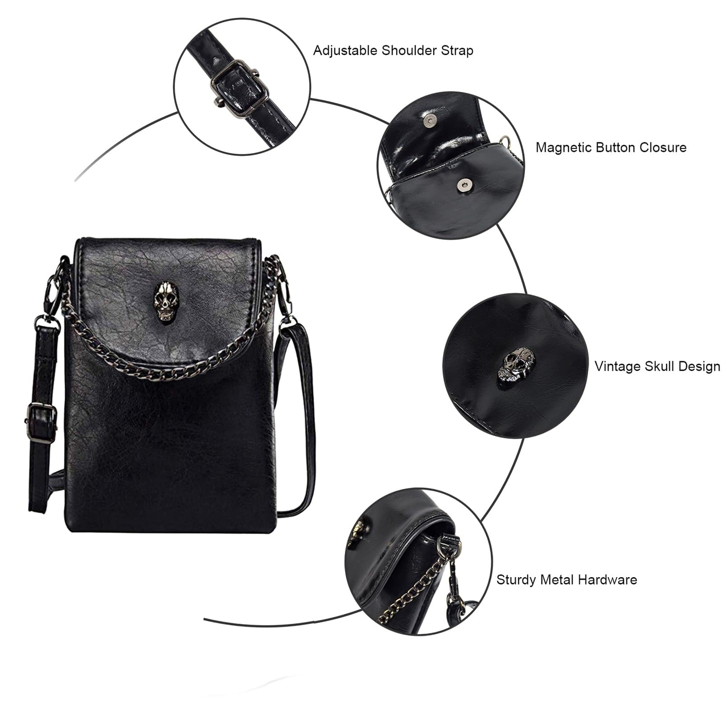 WITERY Small Crossbody Cell Phone Purse Gothic Leather Bag Shoulder Travel Purse