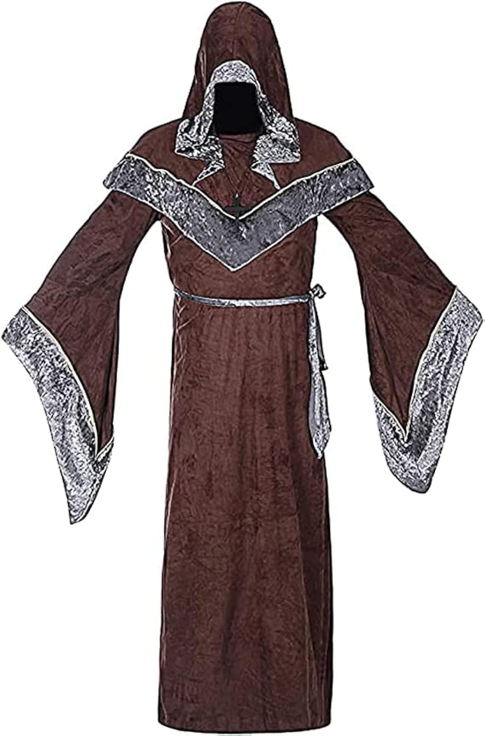 WISHU Mens Halloween Costume Sorcerer Robe, Medieval Vintage Renaissance Hooded Gown Cloak Cape (M (Length 61.4"), Coffee)