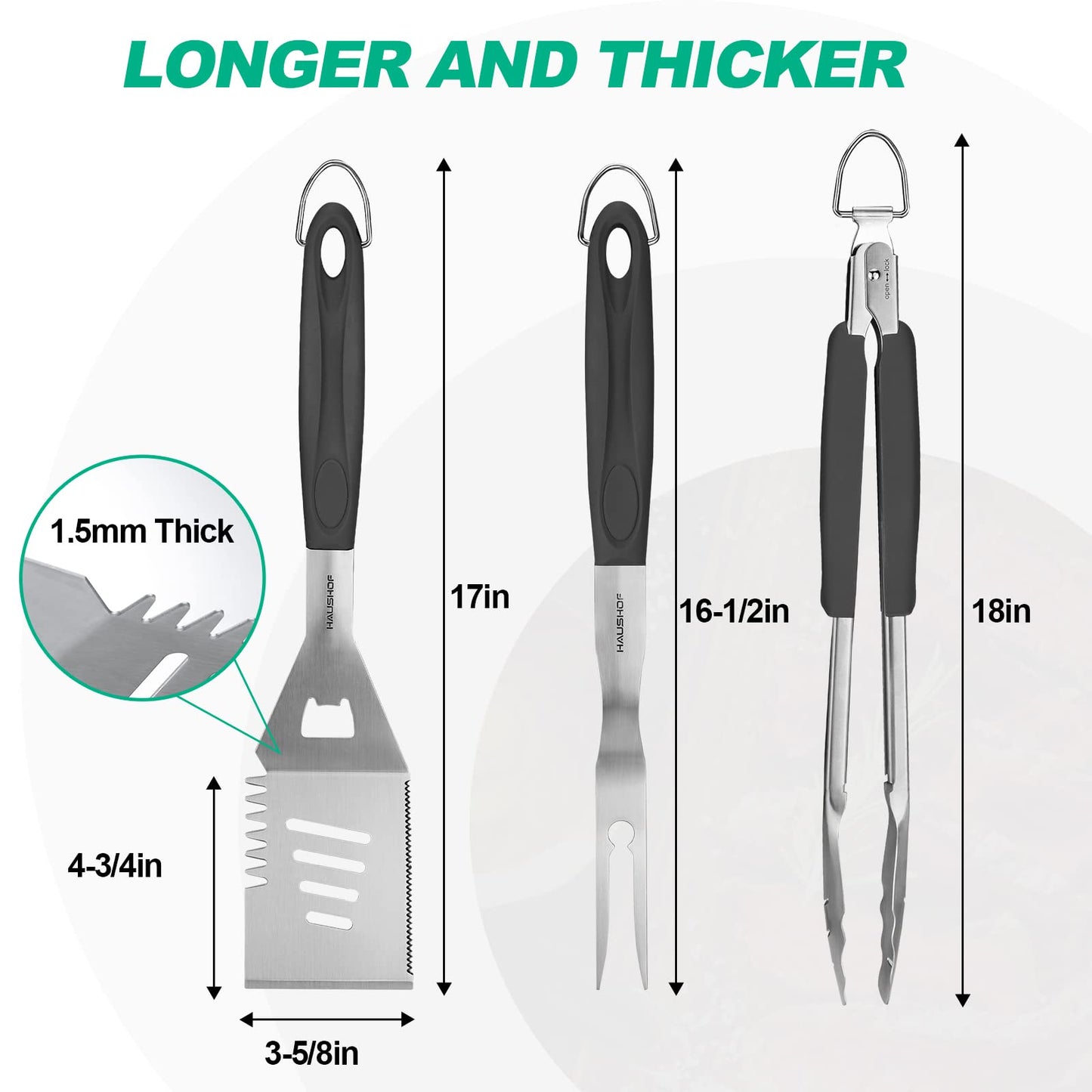 HAUSHOF Large Grill Accessories Heavy Duty BBQ Set Gifts for Men/Women - Premium Stainless Steel Spatula, Fork & Tongs, Barbecue Utensils Tool Kit Gift for Grilling Lover Outdoor